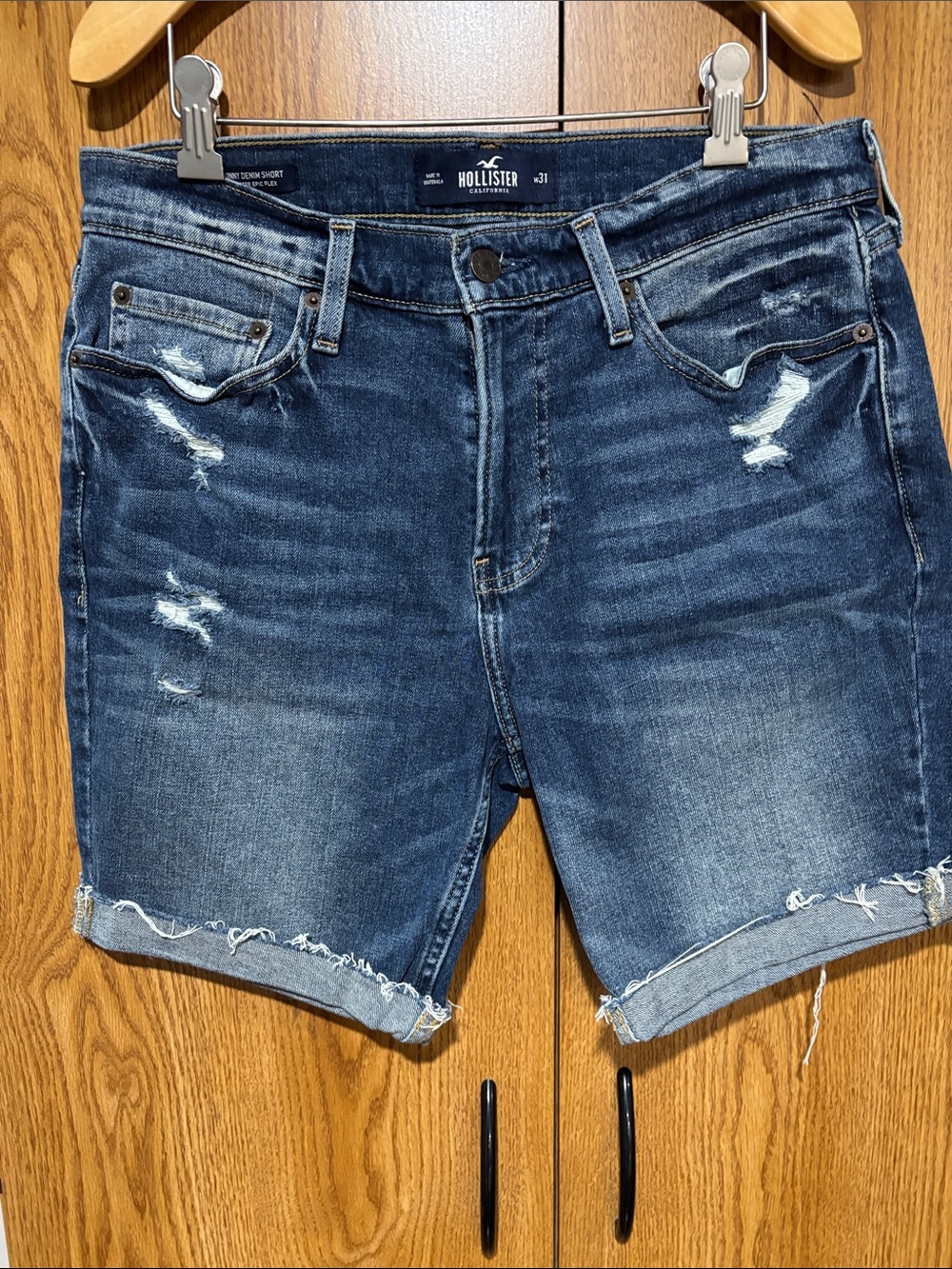 Hollister Men's Dark Indigo Distressed Denim Shorts